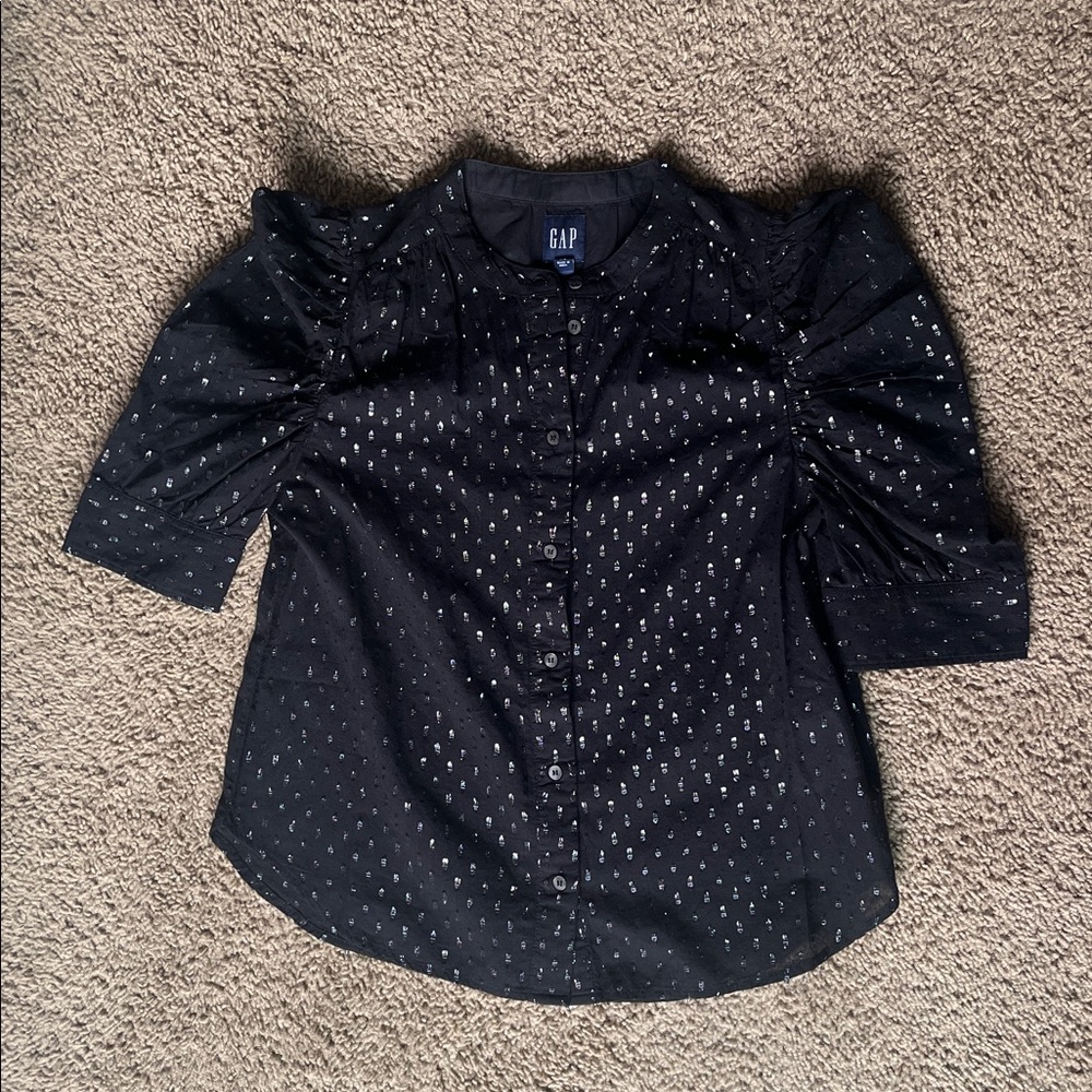GAP Puff Sleeve Blouse with Silver Metallic Clip Size XS